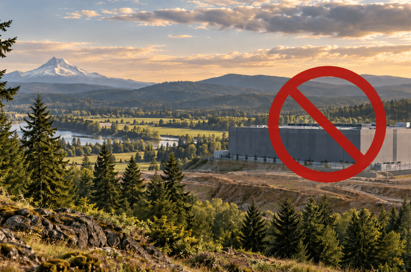 Nature scene with data center that is crossed out